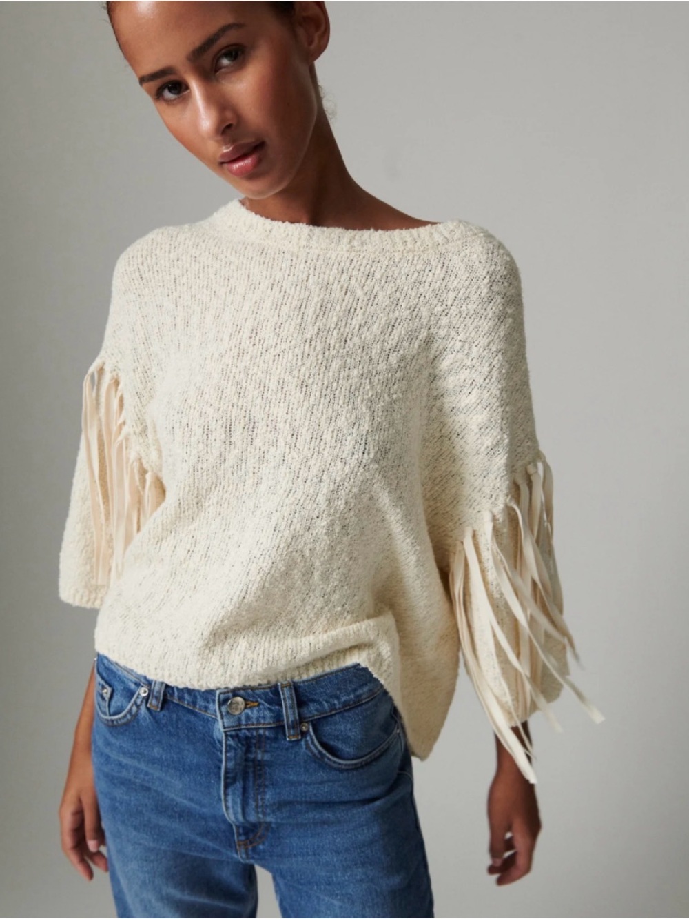 Day Birger Cream cotton blend Fringe Knit Sweater Women's Relaxed Pullover S - Picture 2 of 6